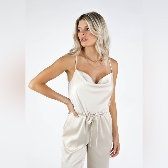 Kittenish - Champagne Silky Cowl Neck Jumpsuit - Picture 2 of 15